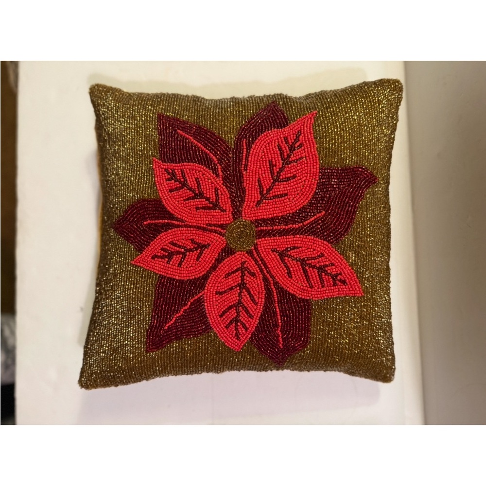 Festive Gold and Red Beaded Holiday Pillow
